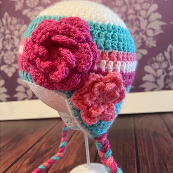 Crochet White, Pinks & Blue Earflap Hat - Picture 3 of 5